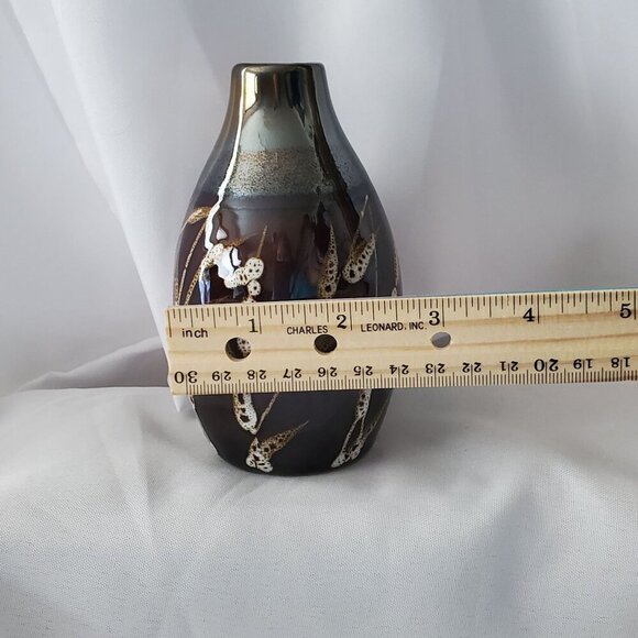 VTG Ceramic 5" Vase With Metallic Finish Brown with Wheat Design Bud Vase - Picture 10 of 12
